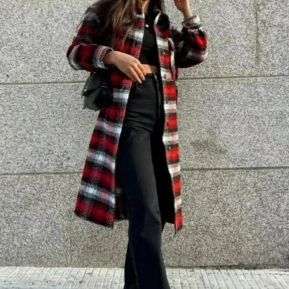 Zara Plaid Overshirt Longline Shacket Jacket Coat NWT Red White  Size Medium - Picture 4 of 11